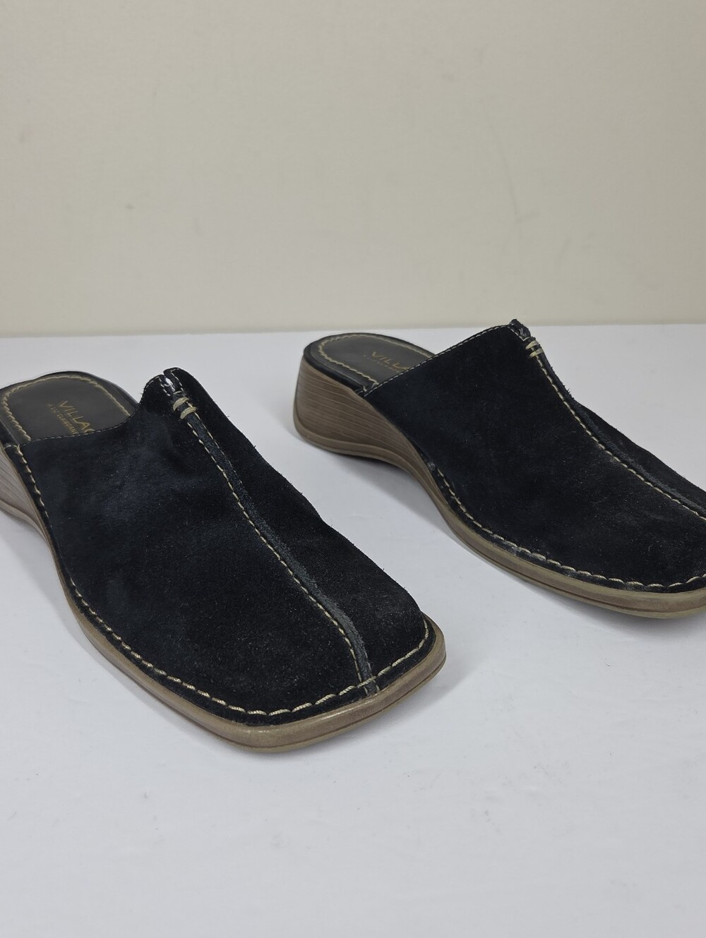 Vtg Liz Claiborne Leather Suede Mules Black Square Toe 6 Boho Festival Grunge